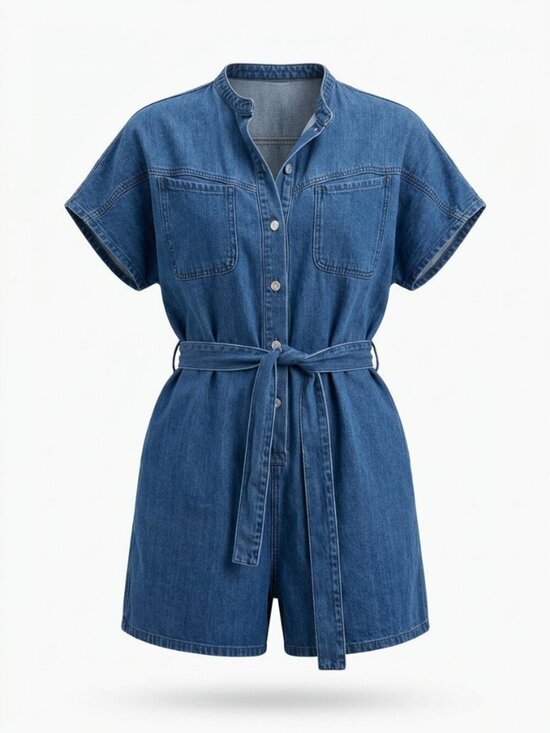 Frank & Oak Pants - FRANK AND OAK Blue Denim Belted Utility Romper Short Sleeve organic cotton size